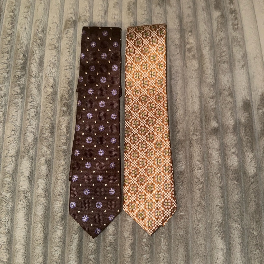 TALLIA Brown Tie with Purple Dots & TALLIA Gold-Tan Geometric Tie